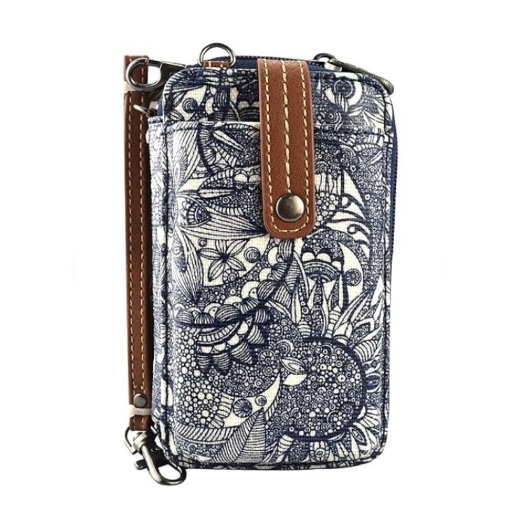 Sackroots Artist Circle Smartphone Wristlet Convertable Crossbody Blue And White